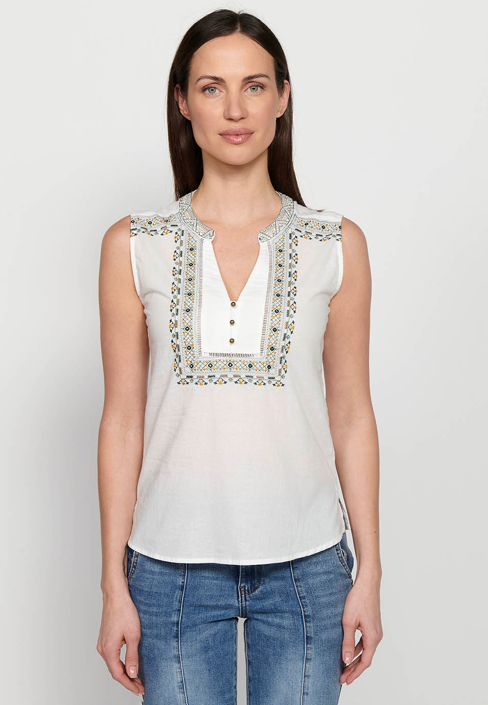 Blusa sin mangas. escote redondo bordado con abertura, para mujer | moda actual