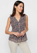 Blusa sin mangas con cuello de pico y estampado floral con acabado en volante y detalles de botones delanteros de multicolor para mujer | moda actual