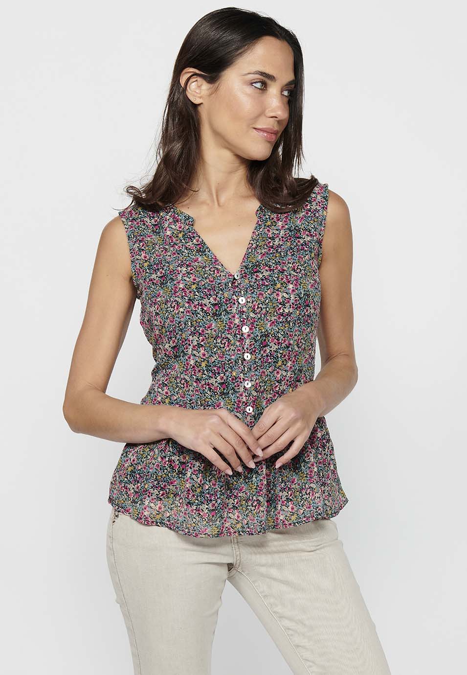 Blusa sin mangas con cuello de pico y estampado floral con acabado en volante y detalles de botones delanteros de multicolor para mujer | moda actual