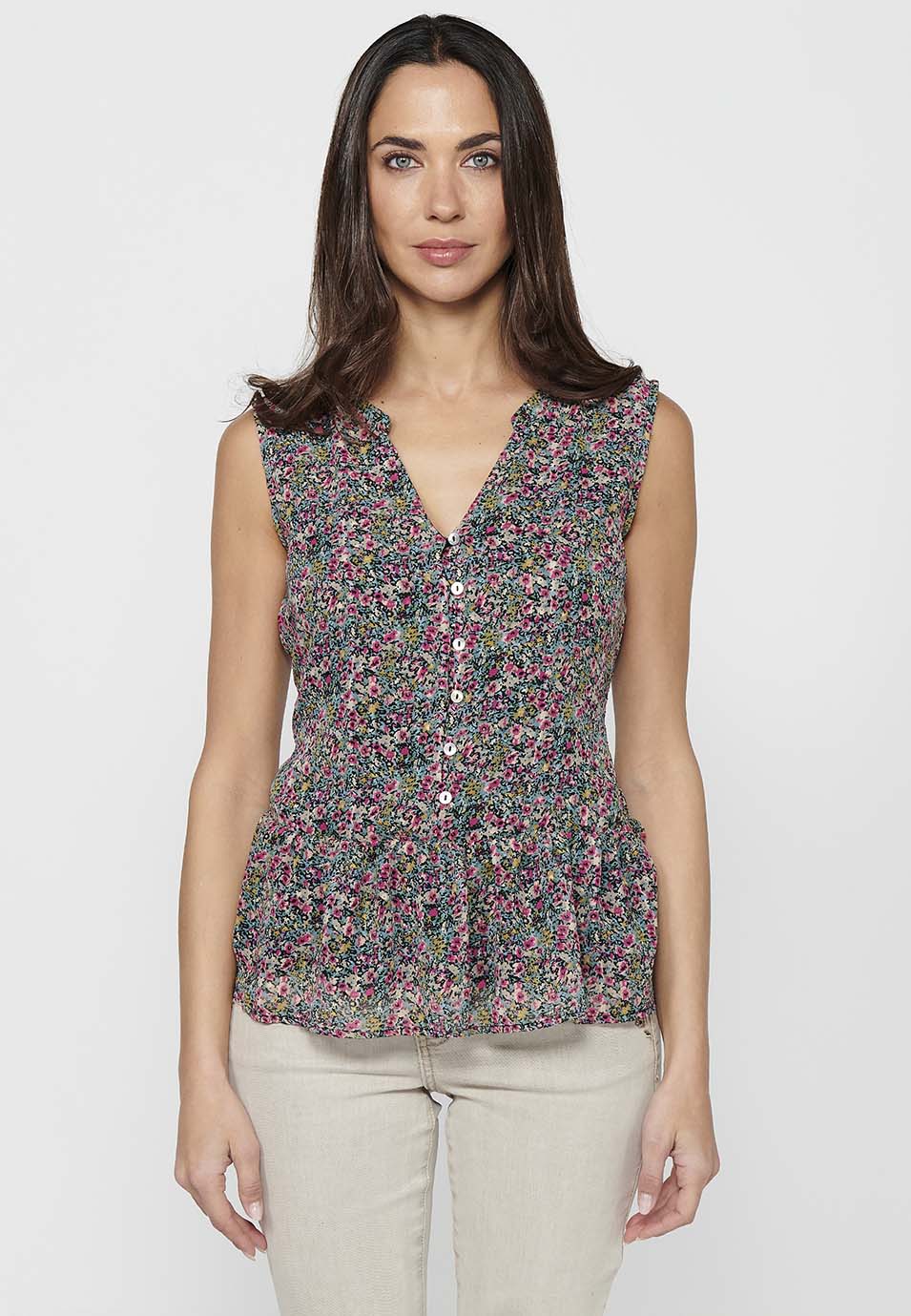 Blusa sin mangas con cuello de pico y estampado floral con acabado en volante y detalles de botones delanteros de multicolor para mujer | moda actual