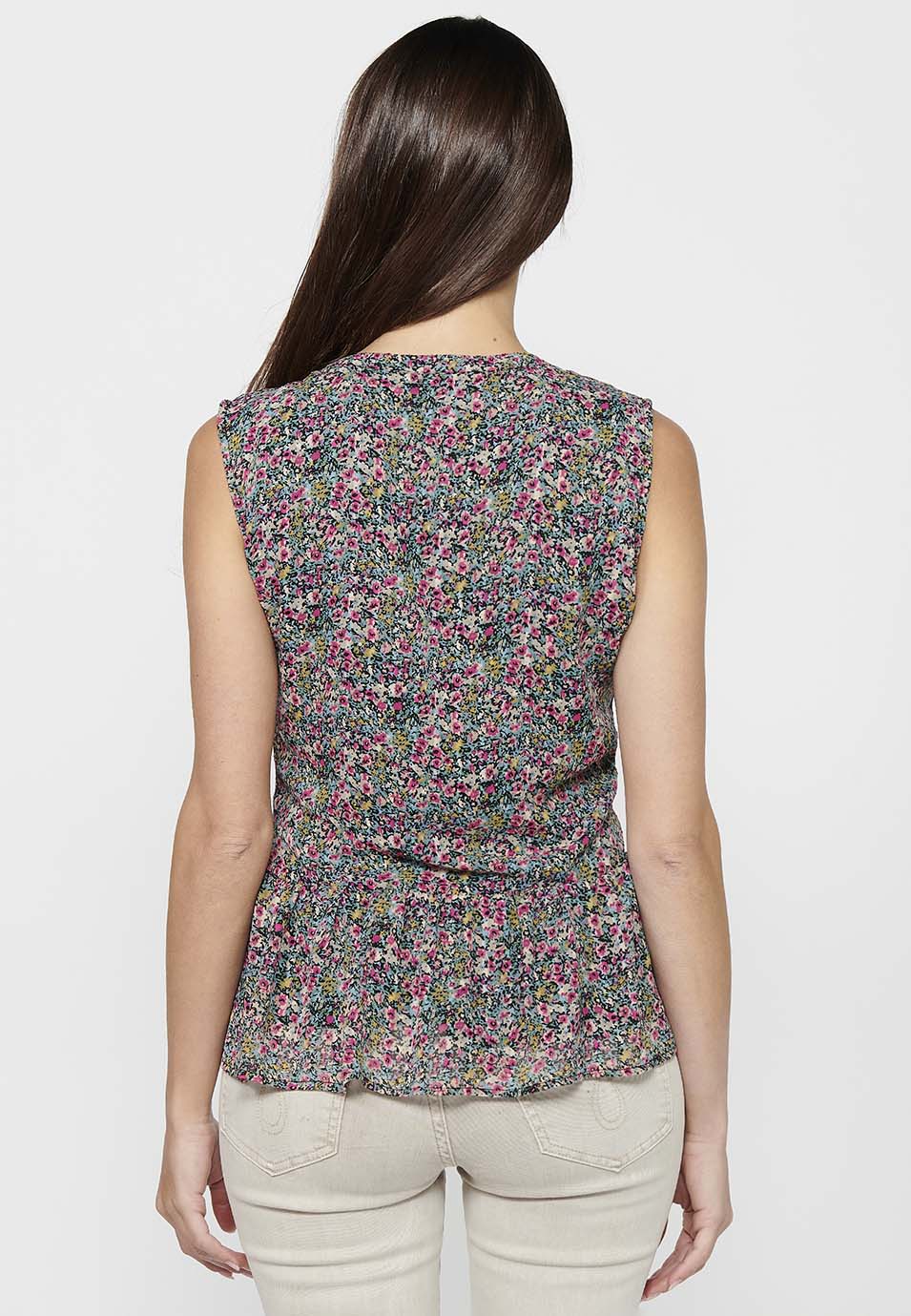 Blusa sin mangas con cuello de pico y estampado floral con acabado en volante y detalles de botones delanteros de multicolor para mujer | moda actual