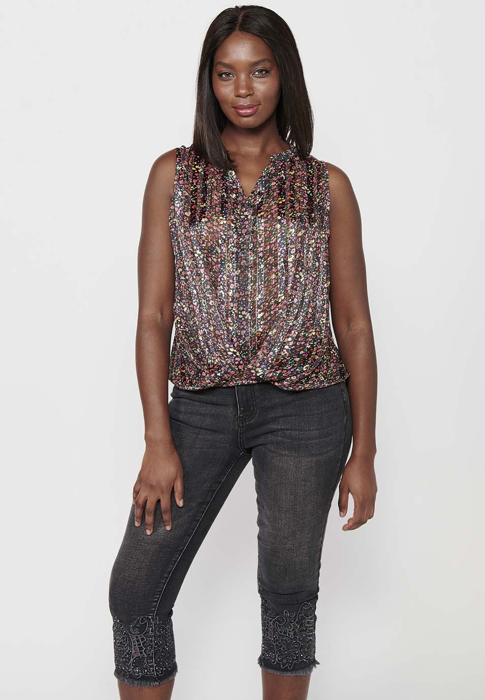 Blusa holgada sin mangas de cuello pico y detalle delantero y estampado floral a rayas de multicolor para mujer | moda actual
