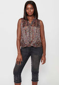 Blusa holgada sin mangas de cuello pico y detalle delantero y estampado floral a rayas de multicolor para mujer | moda actual
