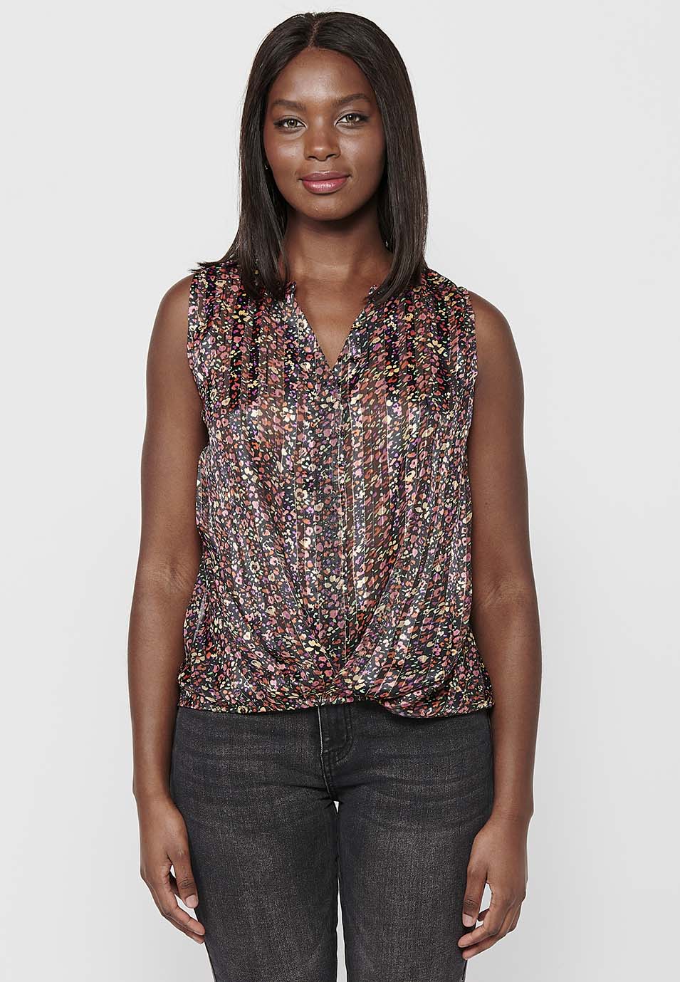 Blusa holgada sin mangas de cuello pico y detalle delantero y estampado floral a rayas de multicolor para mujer | moda actual