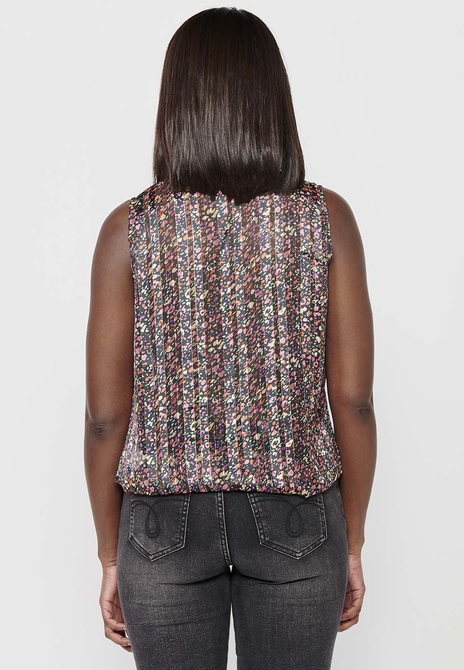 Blusa holgada sin mangas de cuello pico y detalle delantero y estampado floral a rayas de multicolor para mujer | moda actual