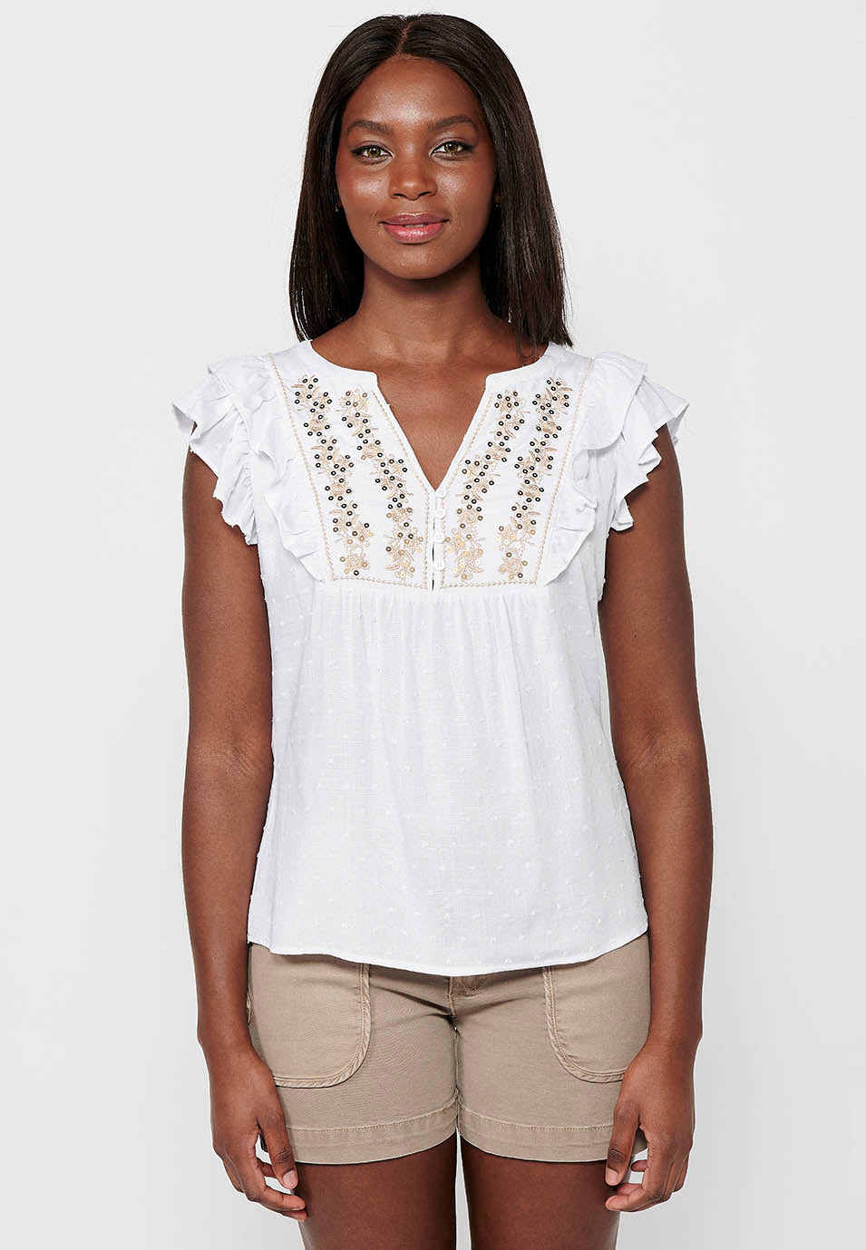 Blusa con manga corta volante de detalle bordado delantero para mujer | moda actual
