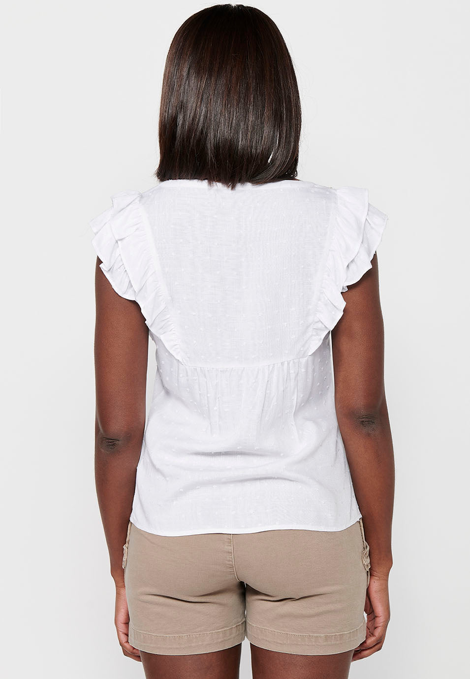 Blusa con manga corta volante de detalle bordado delantero para mujer | moda actual