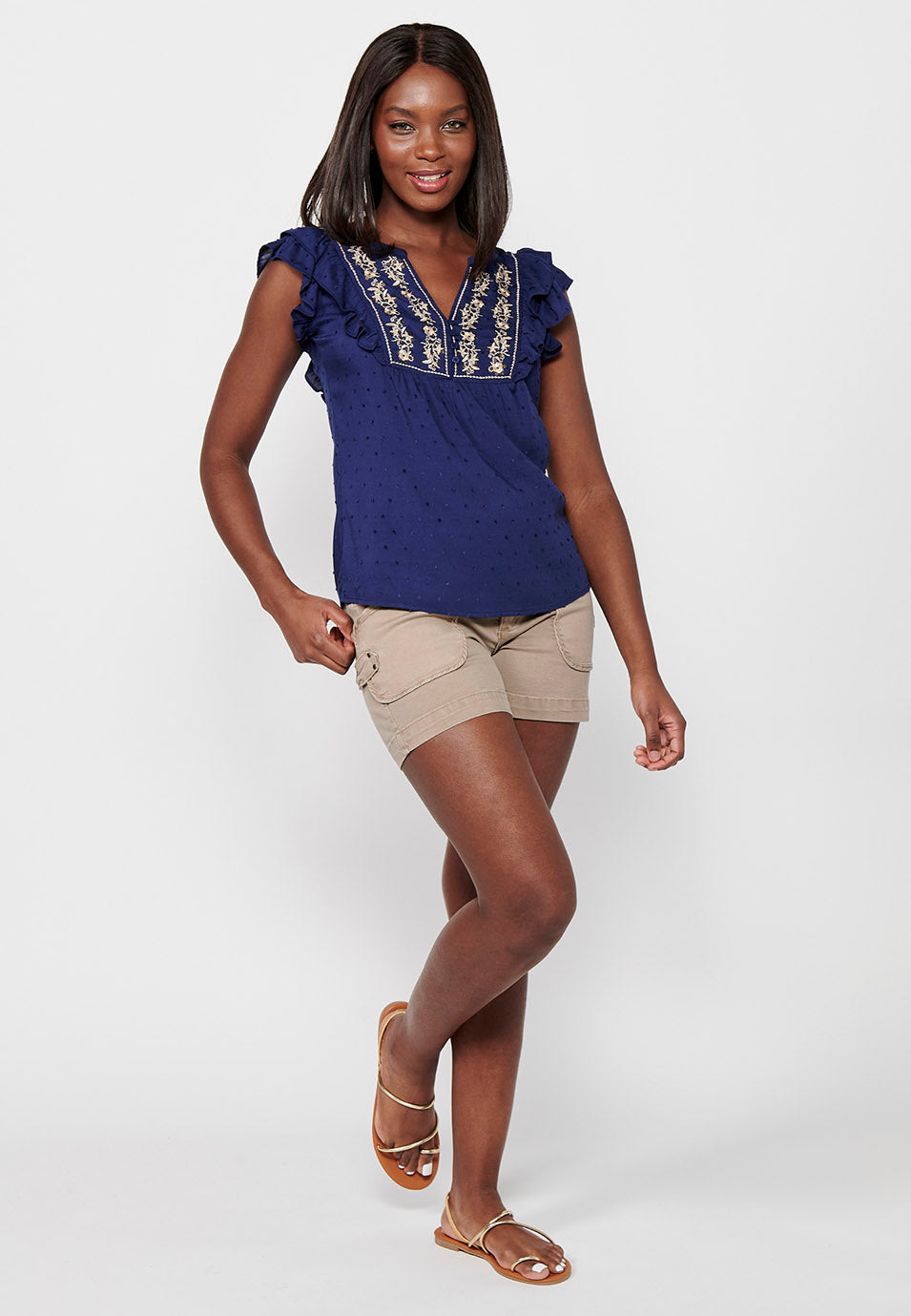 Blusa con manga corta volante de detalle bordado delantero para mujer | moda actual