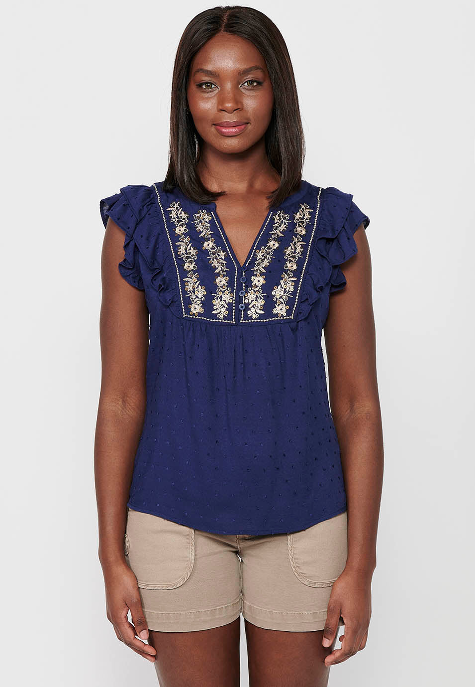 Blusa con manga corta volante de detalle bordado delantero para mujer | moda actual