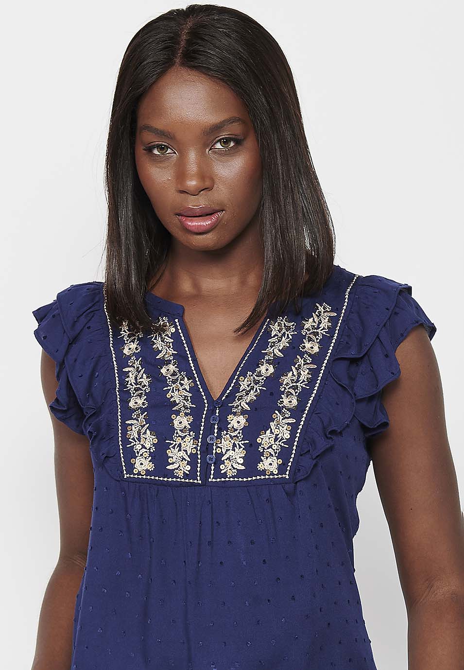 Blusa con manga corta volante de detalle bordado delantero para mujer | moda actual