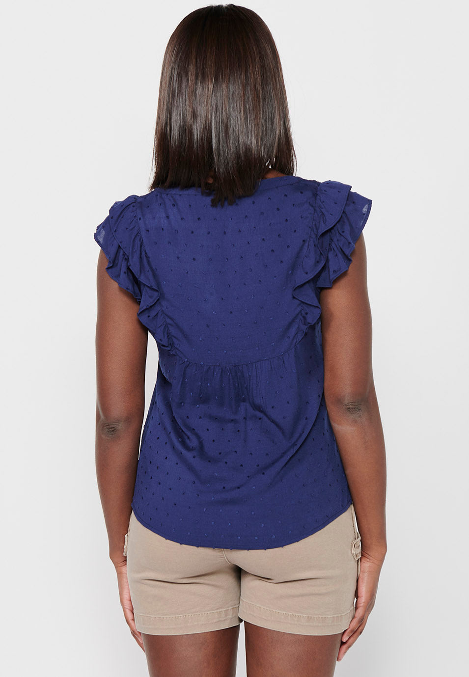 Blusa con manga corta volante de detalle bordado delantero para mujer | moda actual