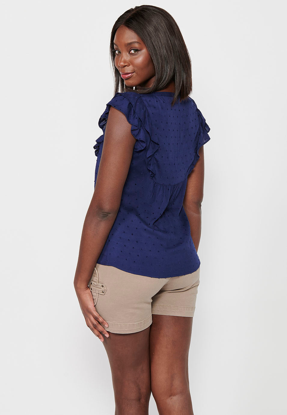 Blusa con manga corta volante de detalle bordado delantero para mujer | moda actual