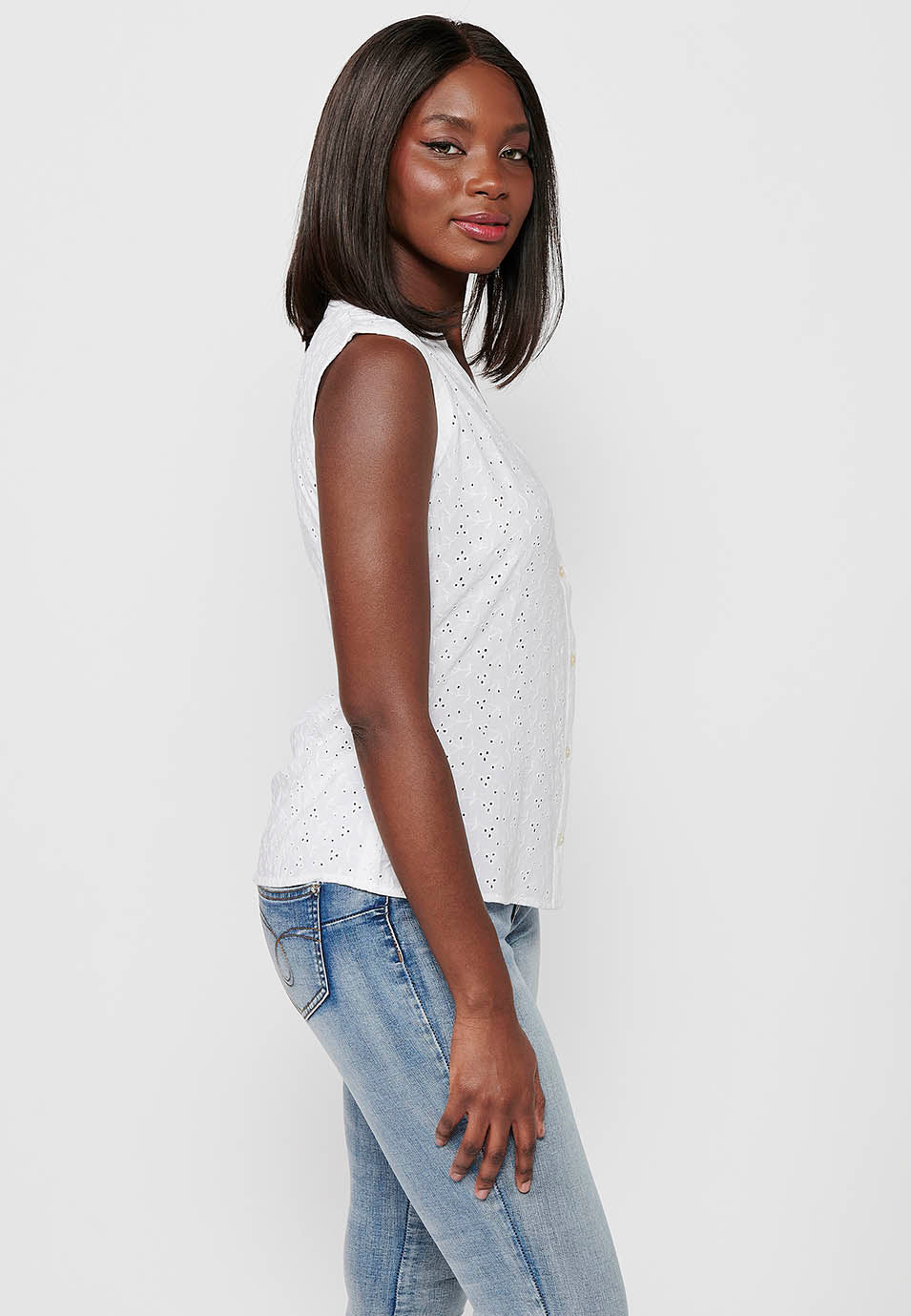 Blusa sin mangas de algodón con cierre delantero con botones para mujer | moda actual
