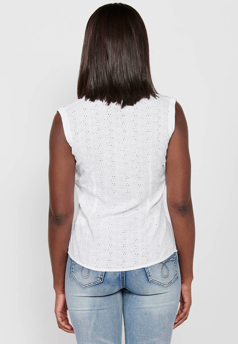 Blusa sin mangas de algodón con cierre delantero con botones para mujer | moda actual