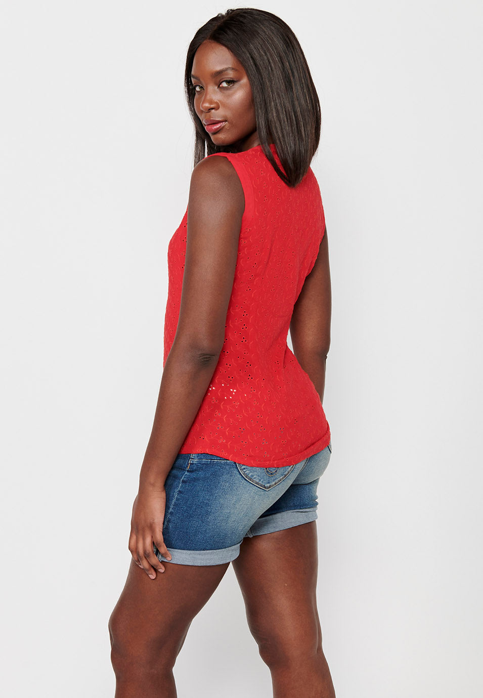 Blusa sin mangas de algodón con cierre delantero con botones para mujer | moda actual
