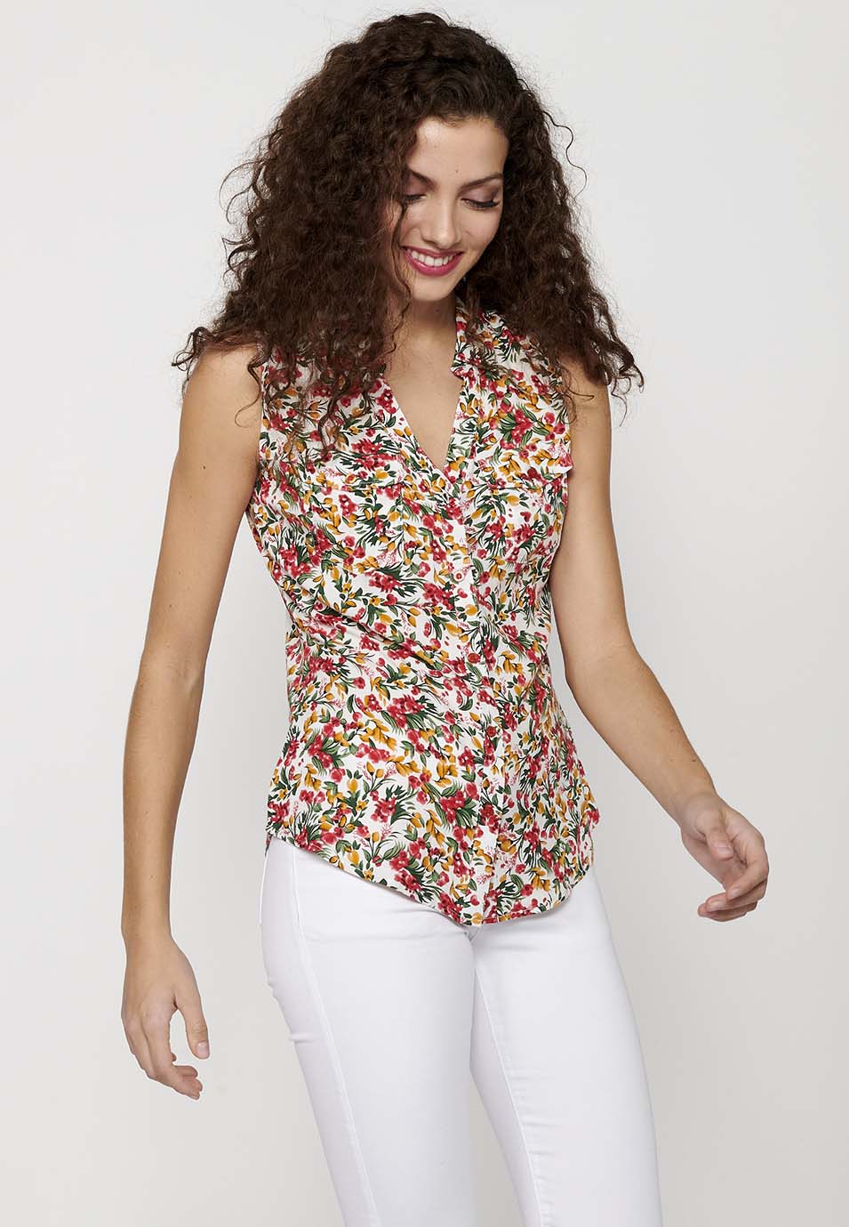 Blusa sin mangas, cuello v, cierre delantero con botones, estampado floral para mujer | moda actual