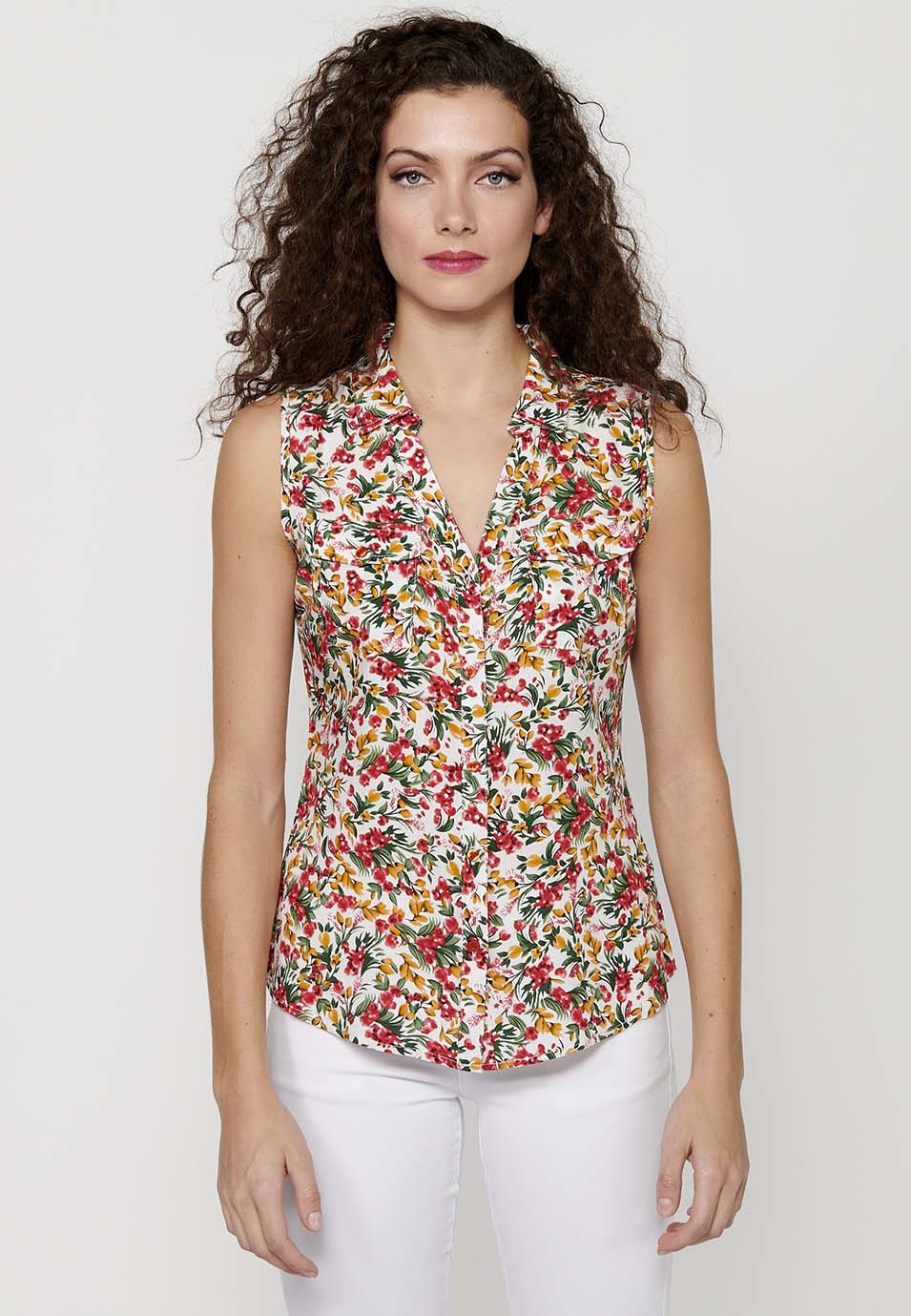 Blusa sin mangas, cuello v, cierre delantero con botones, estampado floral para mujer | moda actual