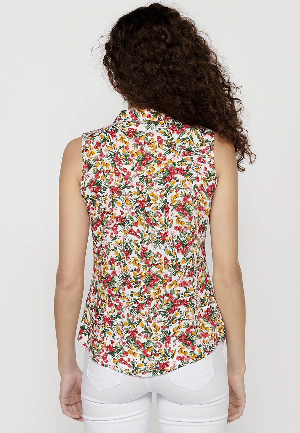 Blusa sin mangas, cuello v, cierre delantero con botones, estampado floral para mujer | moda actual