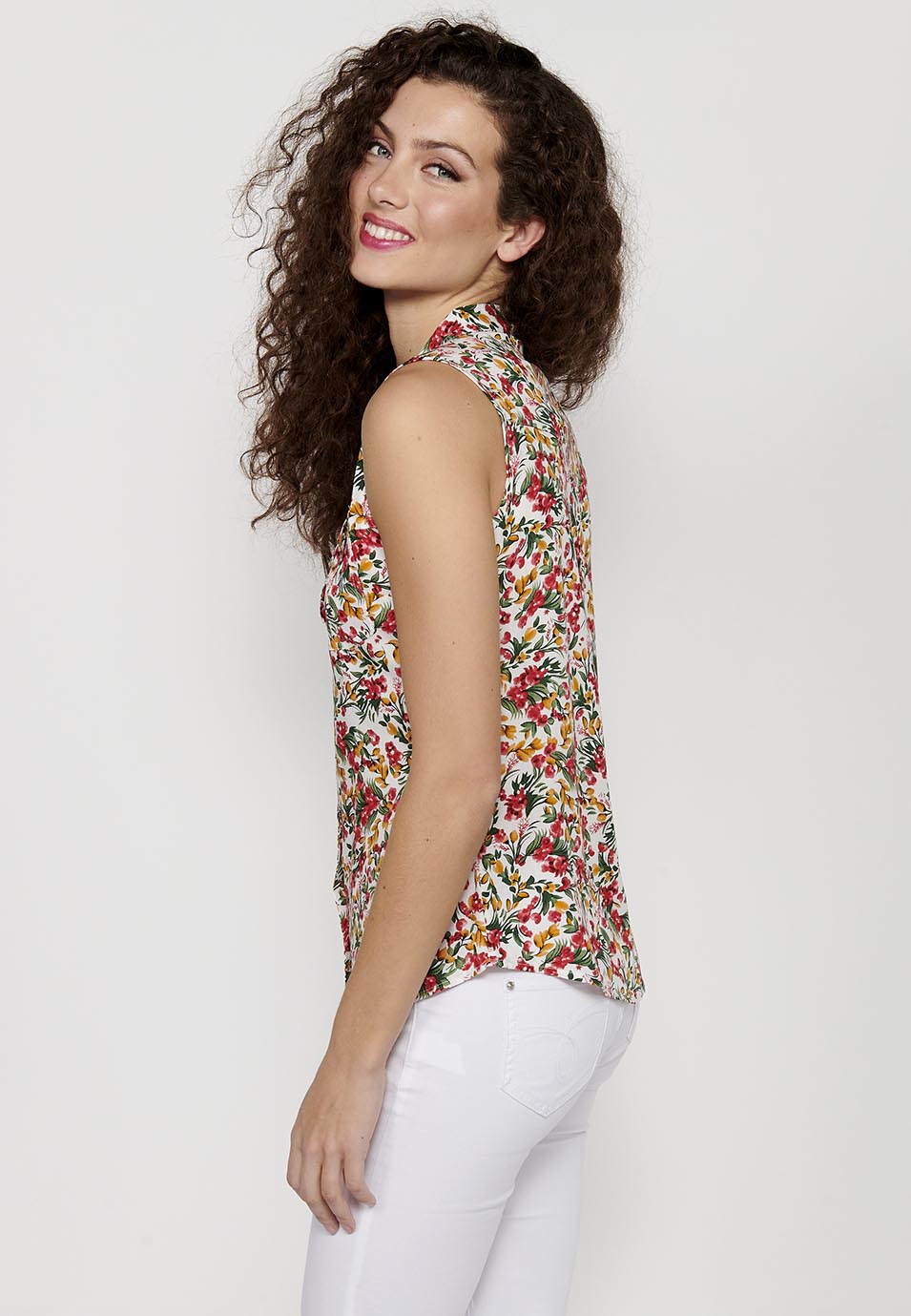Blusa sin mangas, cuello v, cierre delantero con botones, estampado floral para mujer | moda actual