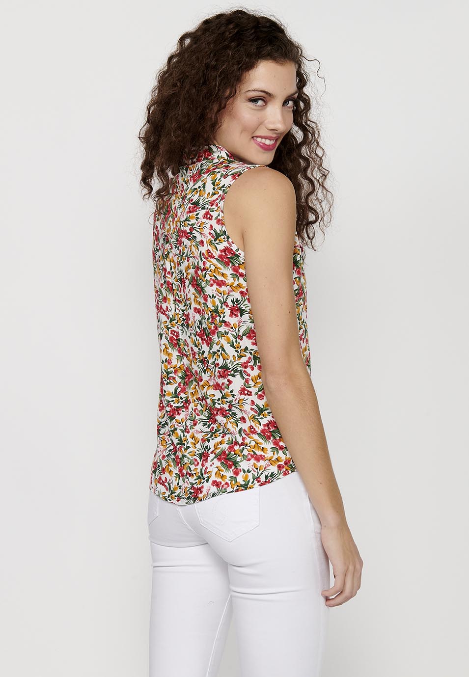 Blusa sin mangas, cuello v, cierre delantero con botones, estampado floral para mujer | moda actual