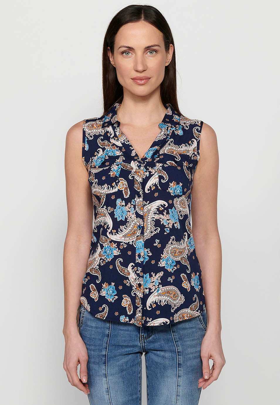 Blusa sin mangas, cuello v, cierre delantero con botones, estampado floral para mujer | moda actual