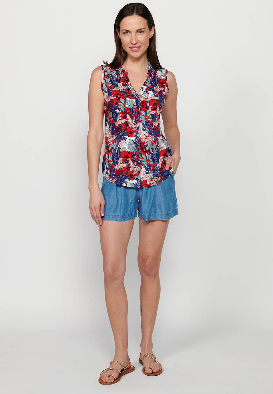 Blusa sin mangas, cuello v, cierre delantero con botones, estampado floral para mujer | moda actual