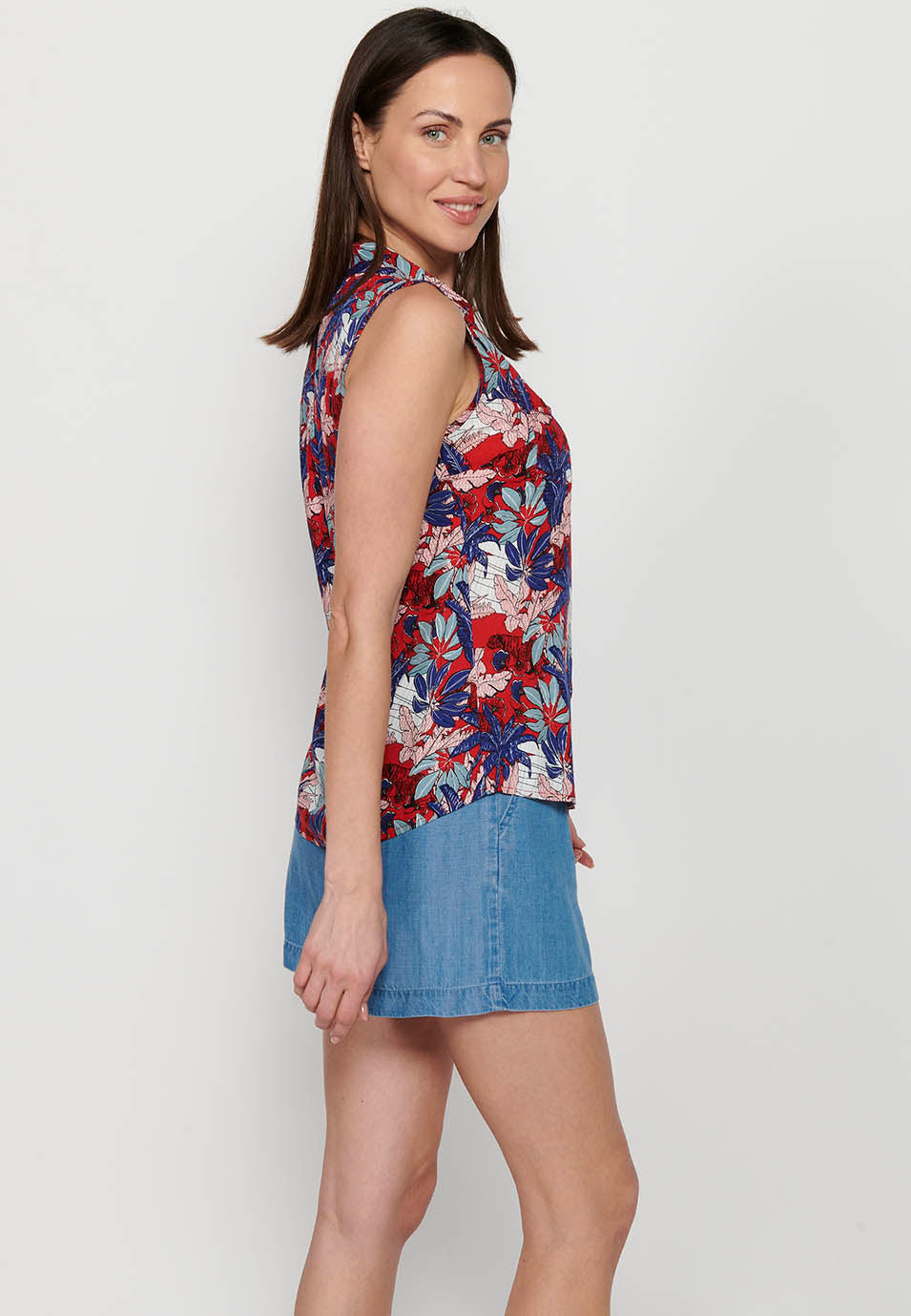 Blusa sin mangas, cuello v, cierre delantero con botones, estampado floral para mujer | moda actual