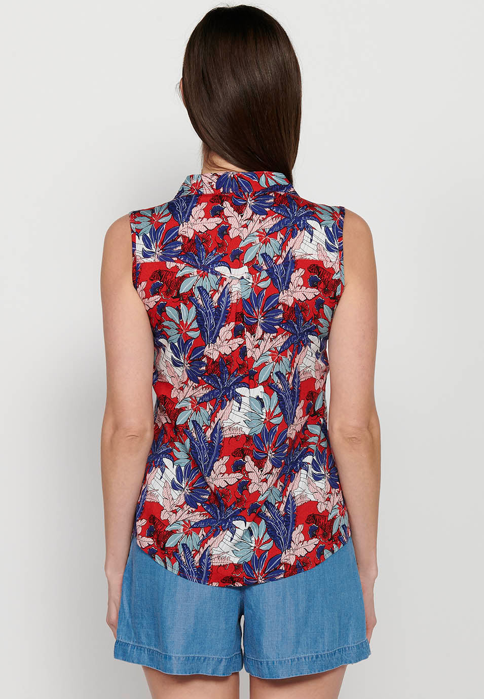 Blusa sin mangas, cuello v, cierre delantero con botones, estampado floral para mujer | moda actual