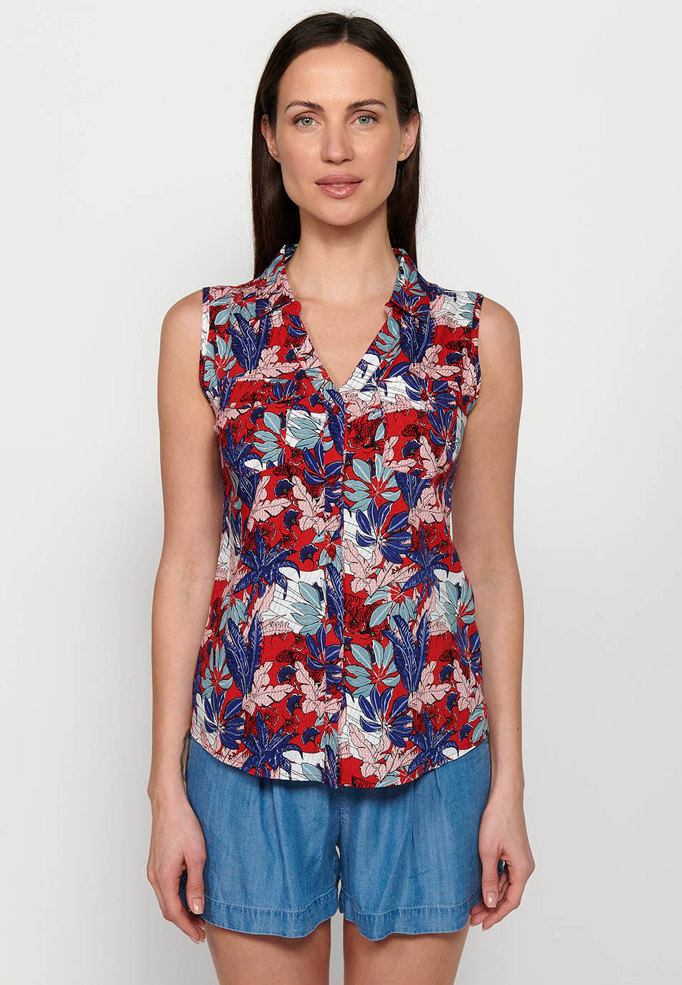 Blusa sin mangas, cuello v, cierre delantero con botones, estampado floral para mujer | moda actual