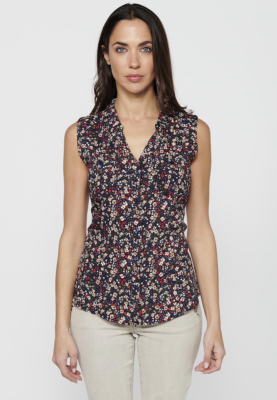 Blusa sin mangas, cuello v, cierre delantero con botones, estampado floral para mujer | moda actual