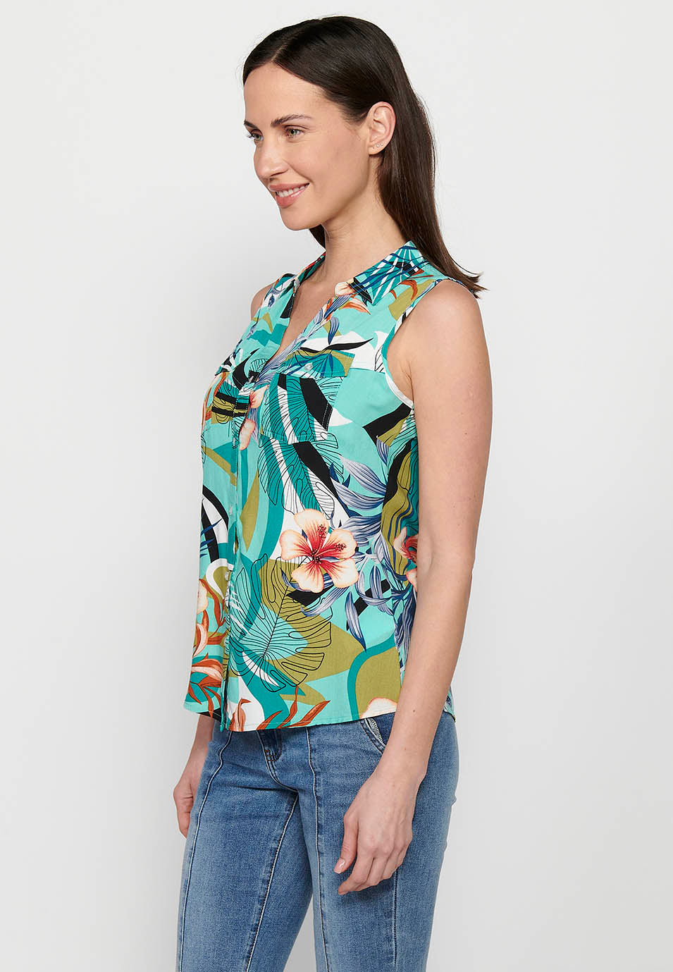 Blusa sin mangas, cuello v, cierre delantero con botones, estampado floral para mujer | moda actual