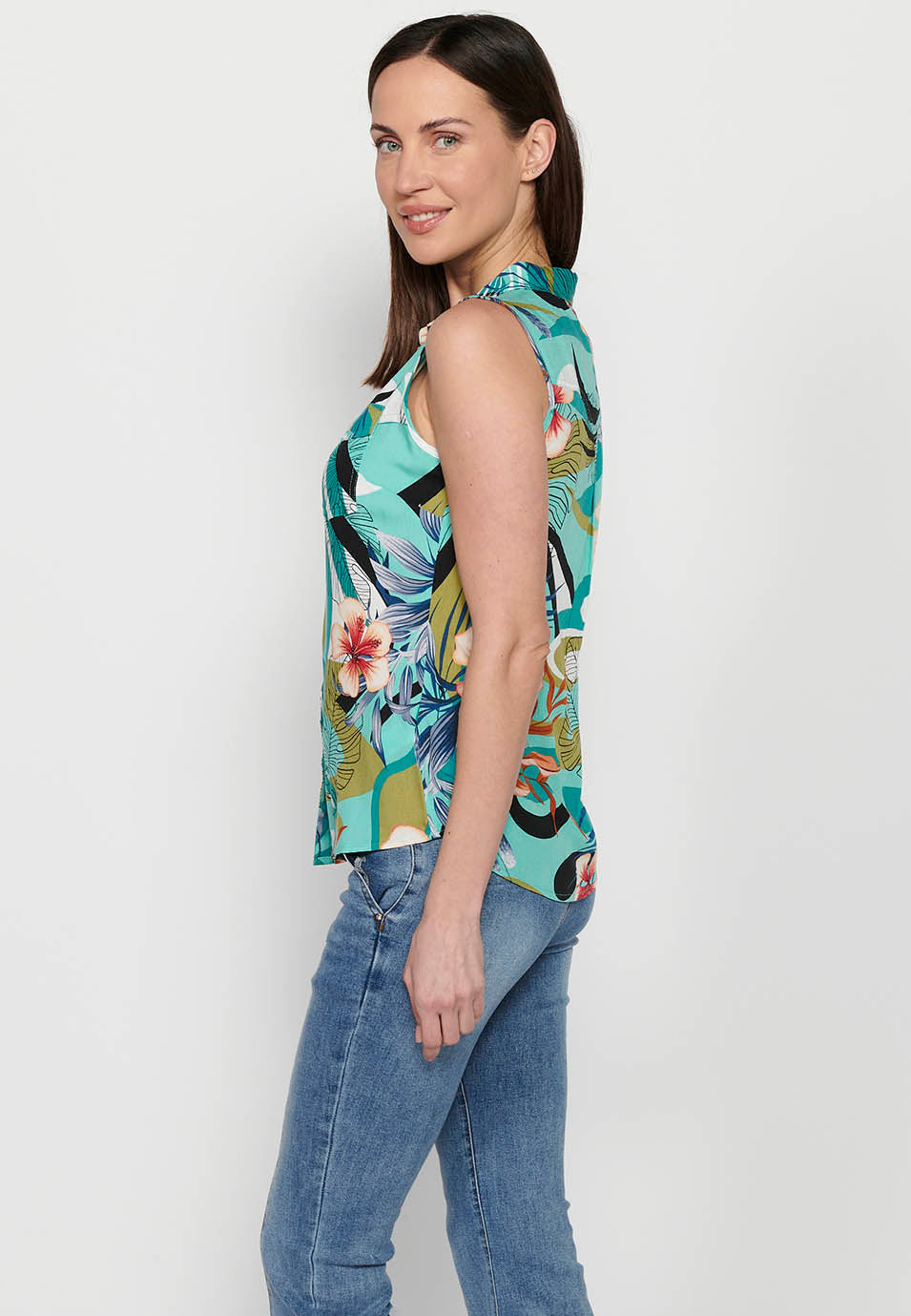 Blusa sin mangas, cuello v, cierre delantero con botones, estampado floral para mujer | moda actual