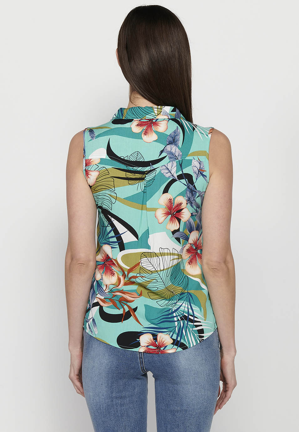 Blusa sin mangas, cuello v, cierre delantero con botones, estampado floral para mujer | moda actual