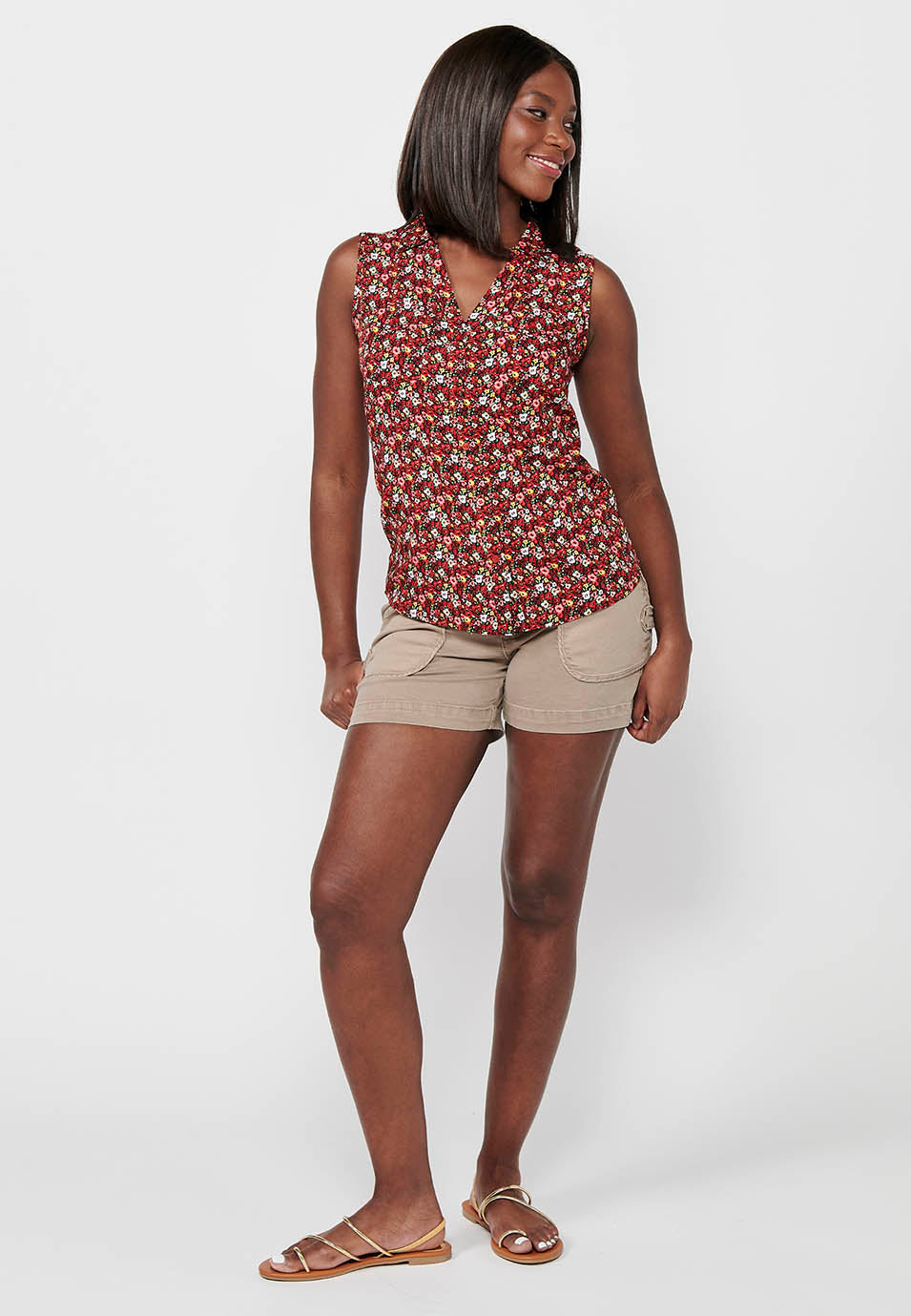 Blusa sin mangas, cuello v, cierre delantero con botones, estampado floral para mujer | moda actual