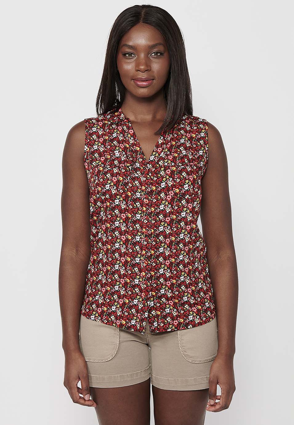 Blusa sin mangas, cuello v, cierre delantero con botones, estampado floral para mujer | moda actual