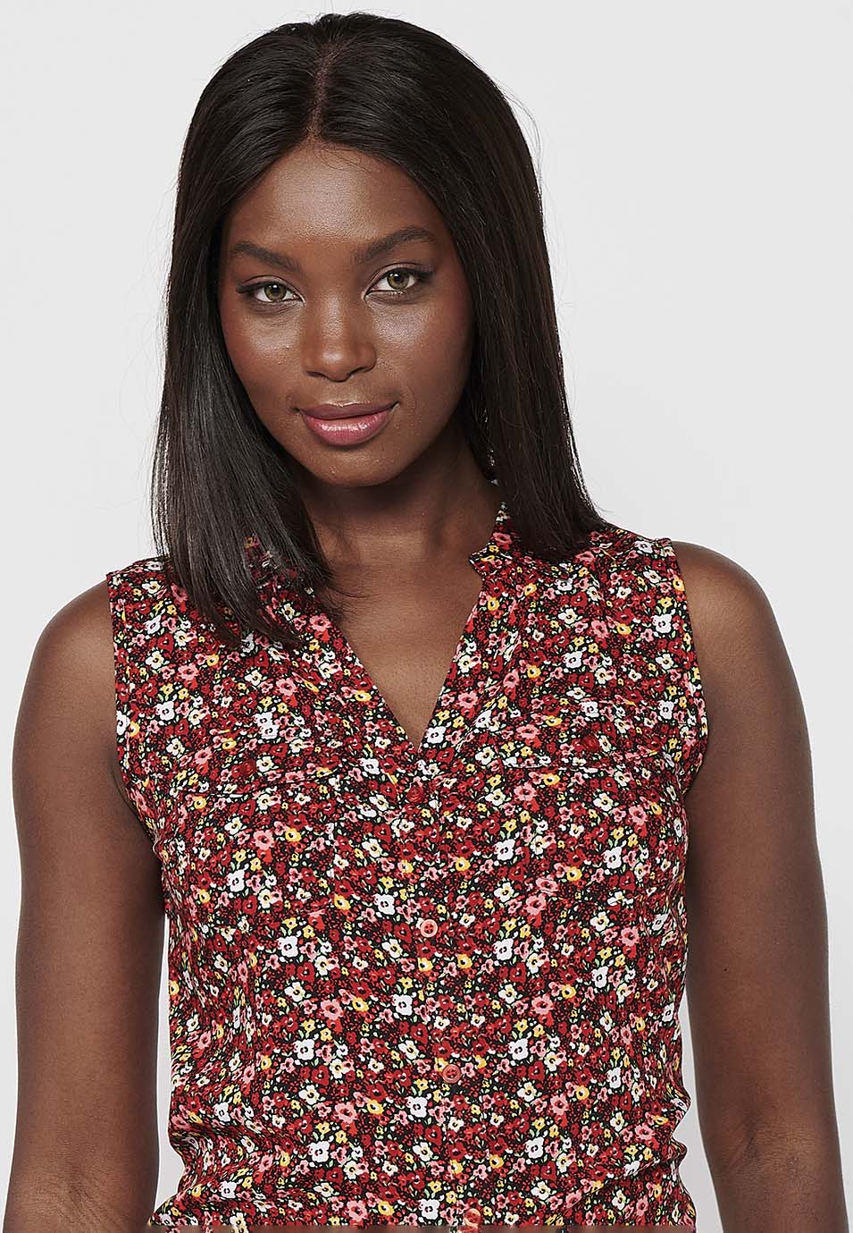 Blusa sin mangas, cuello v, cierre delantero con botones, estampado floral para mujer | moda actual