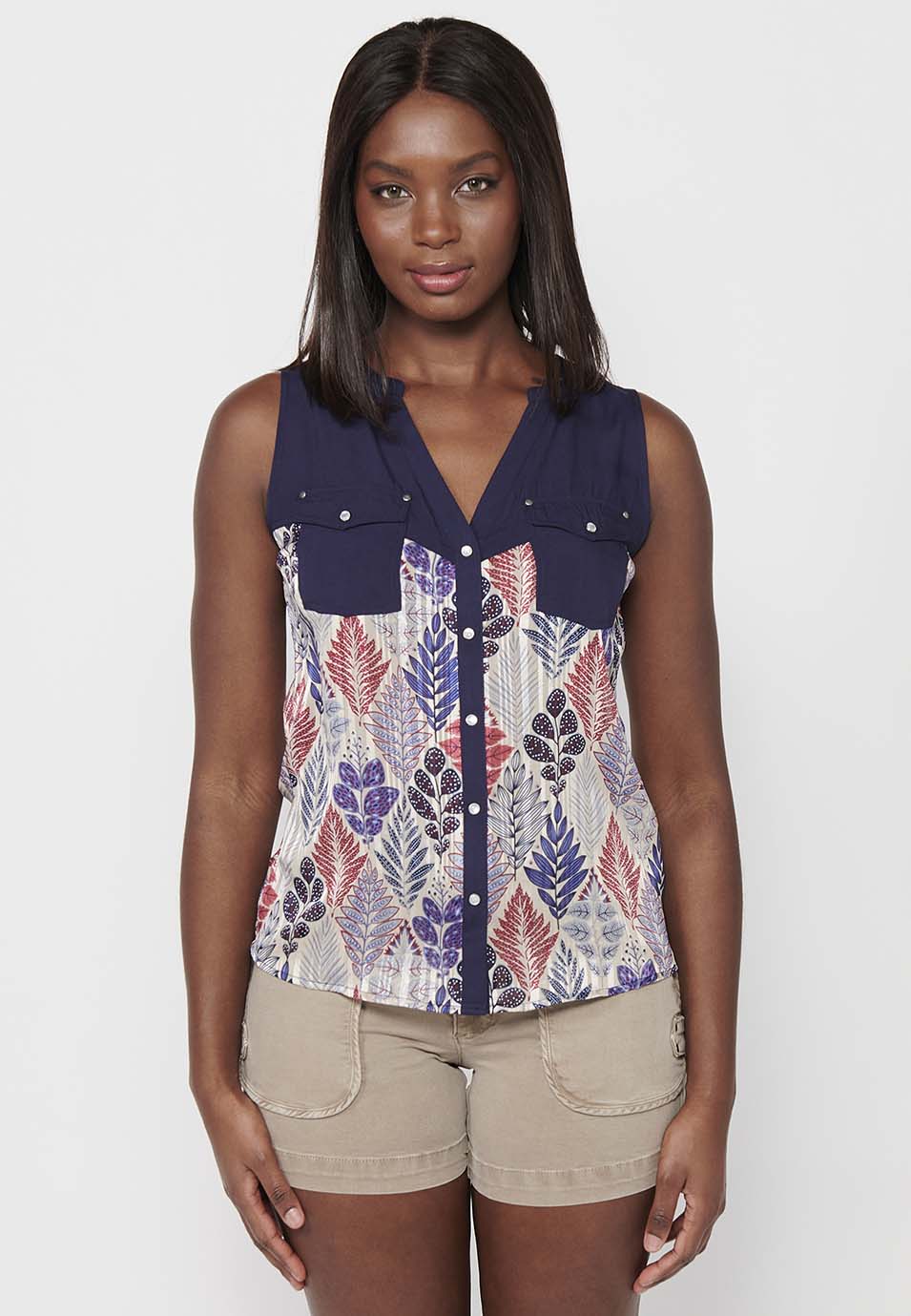 Blusa sin mangas con escote camisero y estampado floral de multicolor para mujer | moda actual