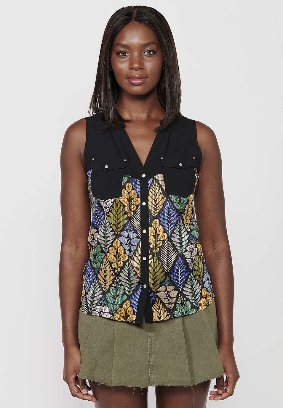 Blusa sin mangas con escote camisero y estampado floral de multicolor para mujer | moda actual