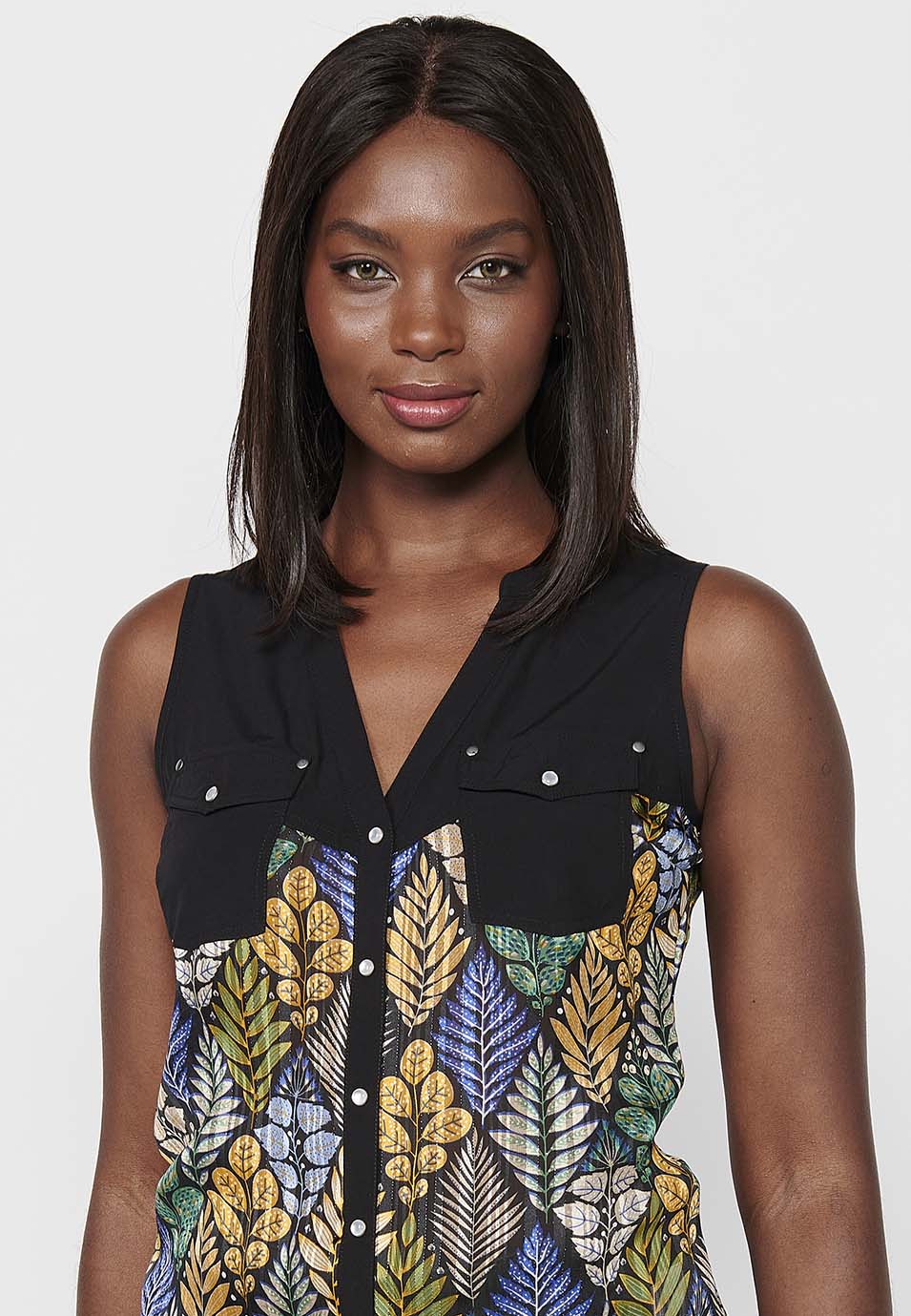 Blusa sin mangas con escote camisero y estampado floral de multicolor para mujer | moda actual