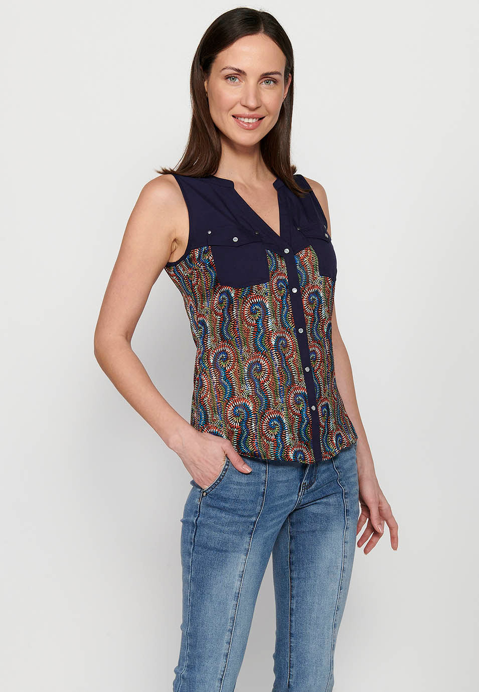 Blusa sin mangas con escote camisero y estampado floral de multicolor para mujer | moda actual