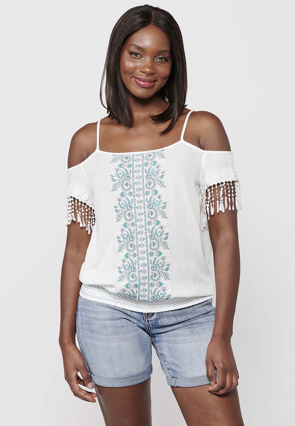 Blusa de tirantes con detalles bordados florales y escote redondo con cintura baja engomada para mujer | moda actual