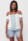 Blusa de tirantes con detalles bordados florales y escote redondo con cintura baja engomada para mujer | moda actual