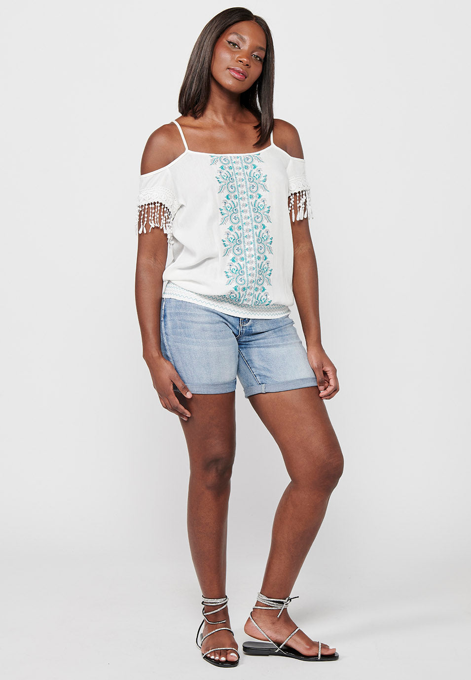 Blusa de tirantes con detalles bordados florales y escote redondo con cintura baja engomada para mujer | moda actual