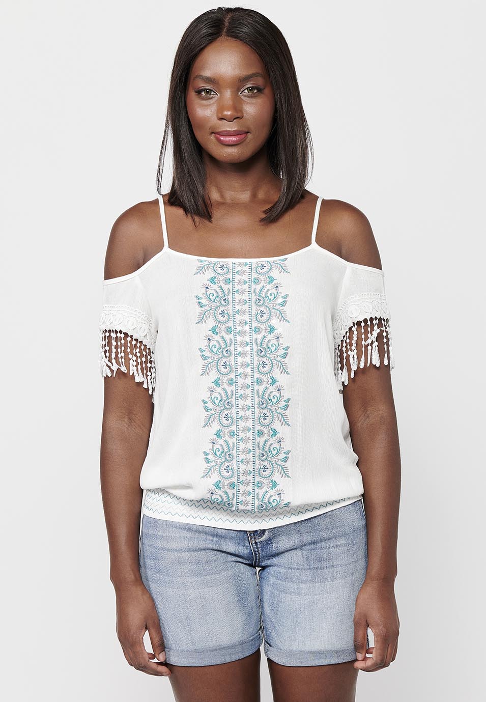 Blusa de tirantes con detalles bordados florales y escote redondo con cintura baja engomada para mujer | moda actual