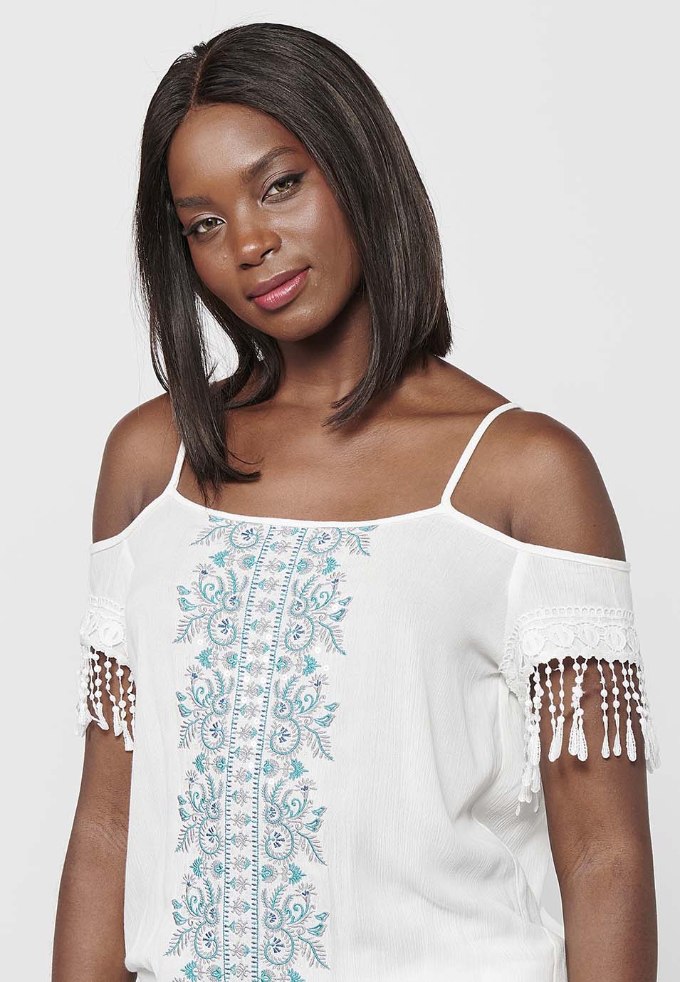 Blusa de tirantes con detalles bordados florales y escote redondo con cintura baja engomada para mujer | moda actual