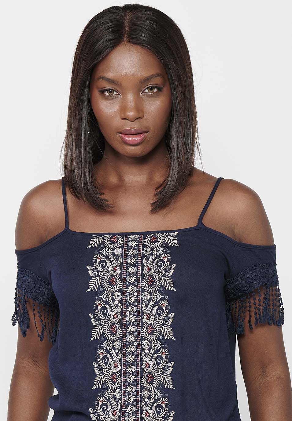 Blusa de tirantes con detalles bordados florales y escote redondo con cintura baja engomada para mujer | moda actual
