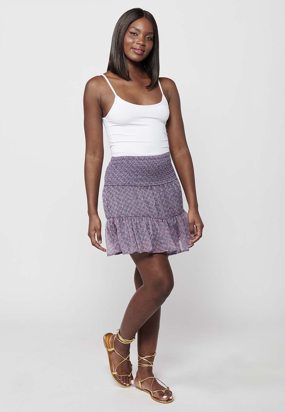 Falda corta con cintura engomada y estampado floral multicolor para mujer | moda actual