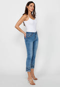 Pantalón largo denim con detalles bordados con cierre delantero con cremallera y botón para mujer | moda actual
