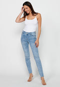 Pantalón largo denim slim con detalles florales y cierre delantero con cremallera y botón de claro para mujer | moda actual
