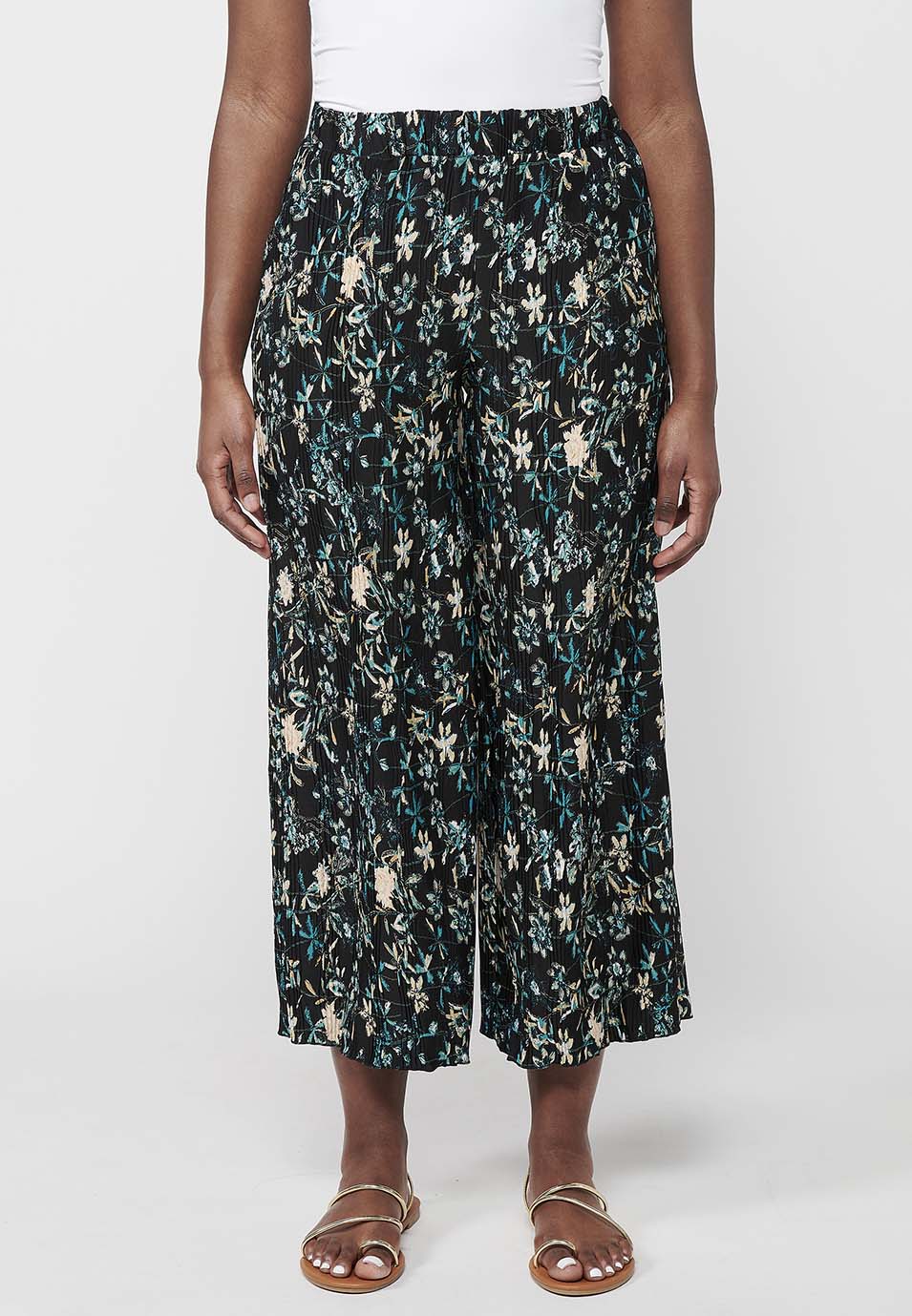 Pantalón largo ancho con cintura engomada, estampado floral multicolor para mujer | moda actual